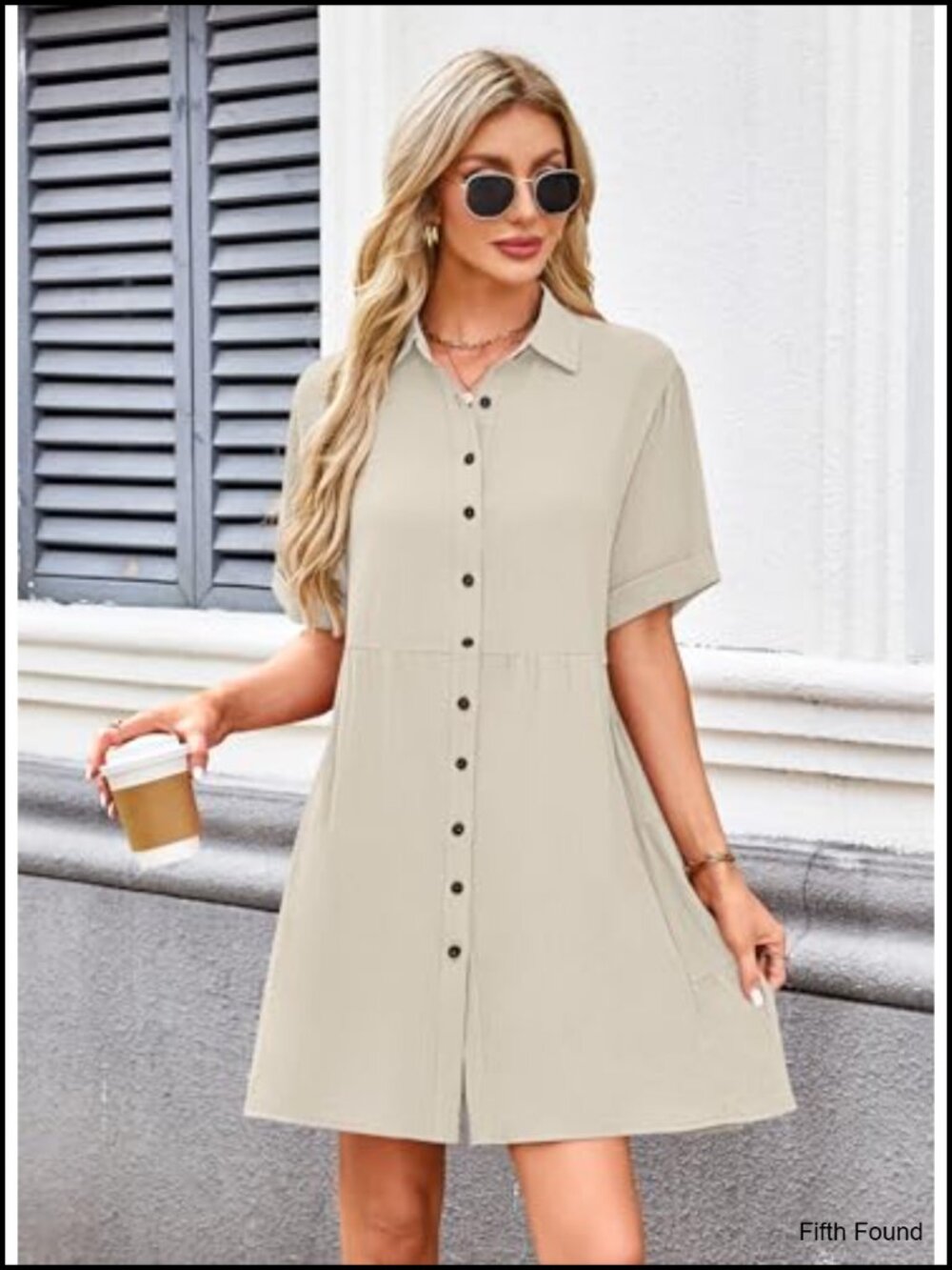 Women's Babydoll Dress Short Sleeve Button Down with Pockets - Picture 2 of 6